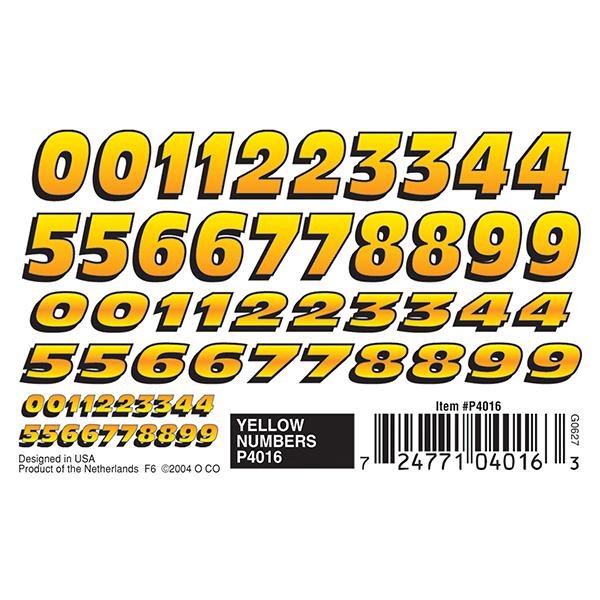 Pinecar Yellow Numbers Dry Transfer Decals