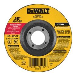DeWALT DW8424 Cutting Wheel 4-1/2 in Dia 0.045 in Thick 7/8 in Arbor 60