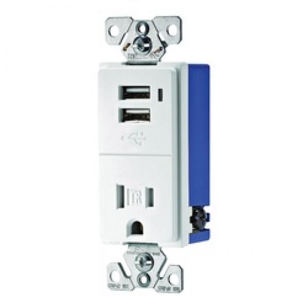 Eaton Cooper Wiring TR7740W-K Combination USB Receptacle, 2 -Pole, 0.7 A