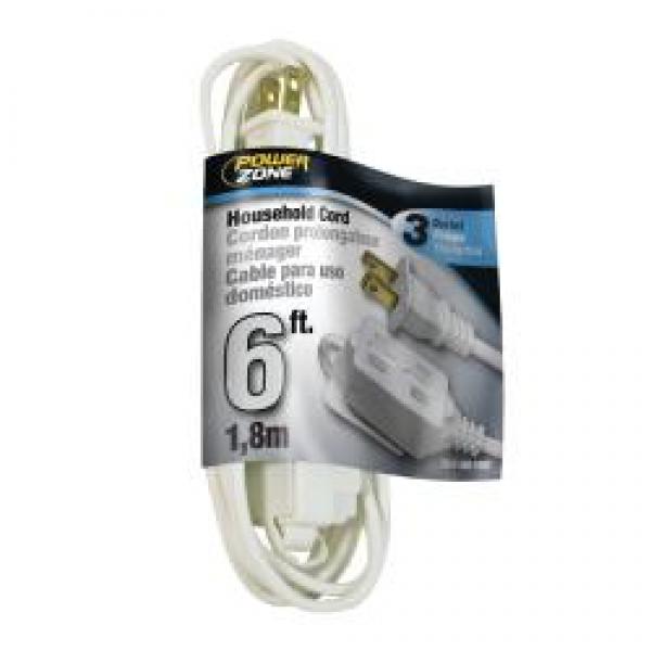 PowerZone Extension Cord, 16 AWG Cable, 6 ft L, 13 A, 125 V, White