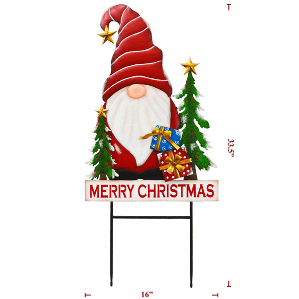 33.5" x 16" Metal "Merry Christmas" Gnome w/ Presents Stake Sign