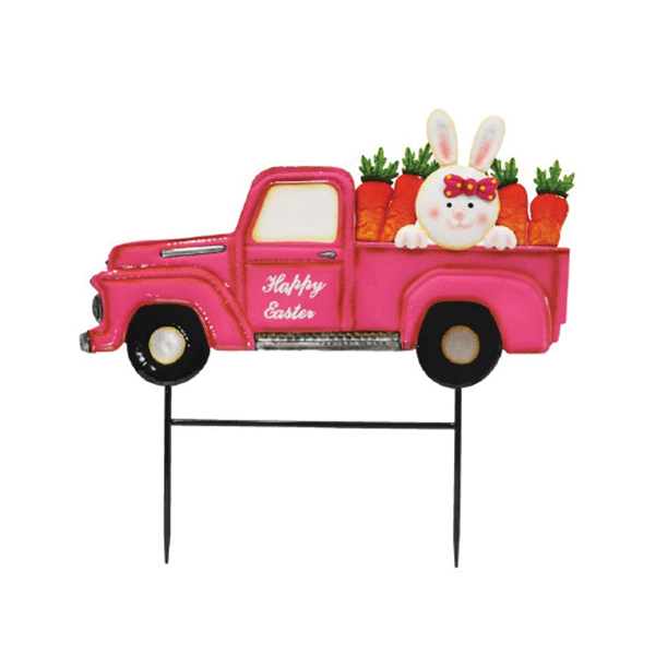 26"H x 28.5"W Pink Metal Truck "Happy Easter" Sign with Carrots & Bunny