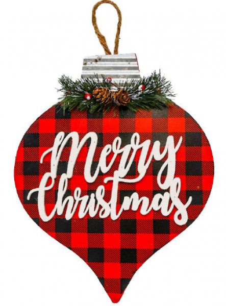 12" "Merry Christmas" Red and Black Checkered Bulb Ornament