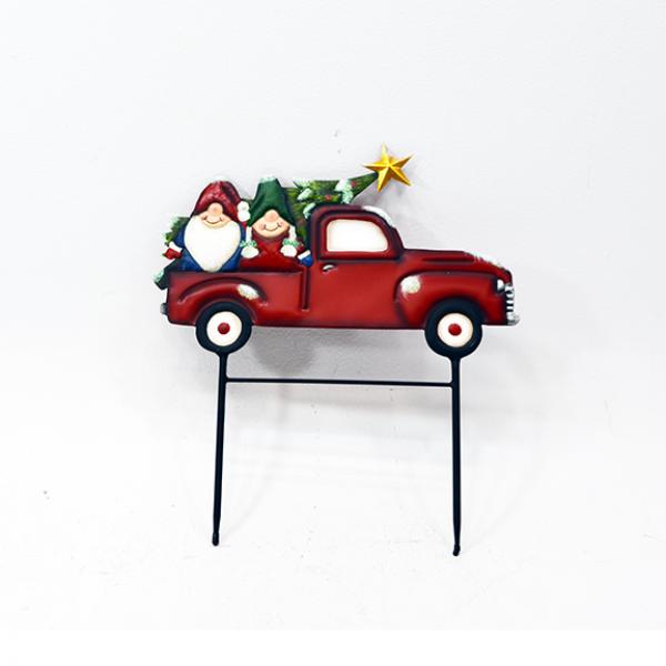16" Metal Red Truck with Gnomes & Christmas Tree Stake Sign