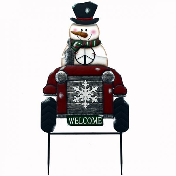 37" Metal Snowman in Car "Welcome" Stake Sign