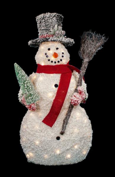 48" Flocked Tinsel Lighted Snowman with Black Top Hat, Red Scarf, Bottle